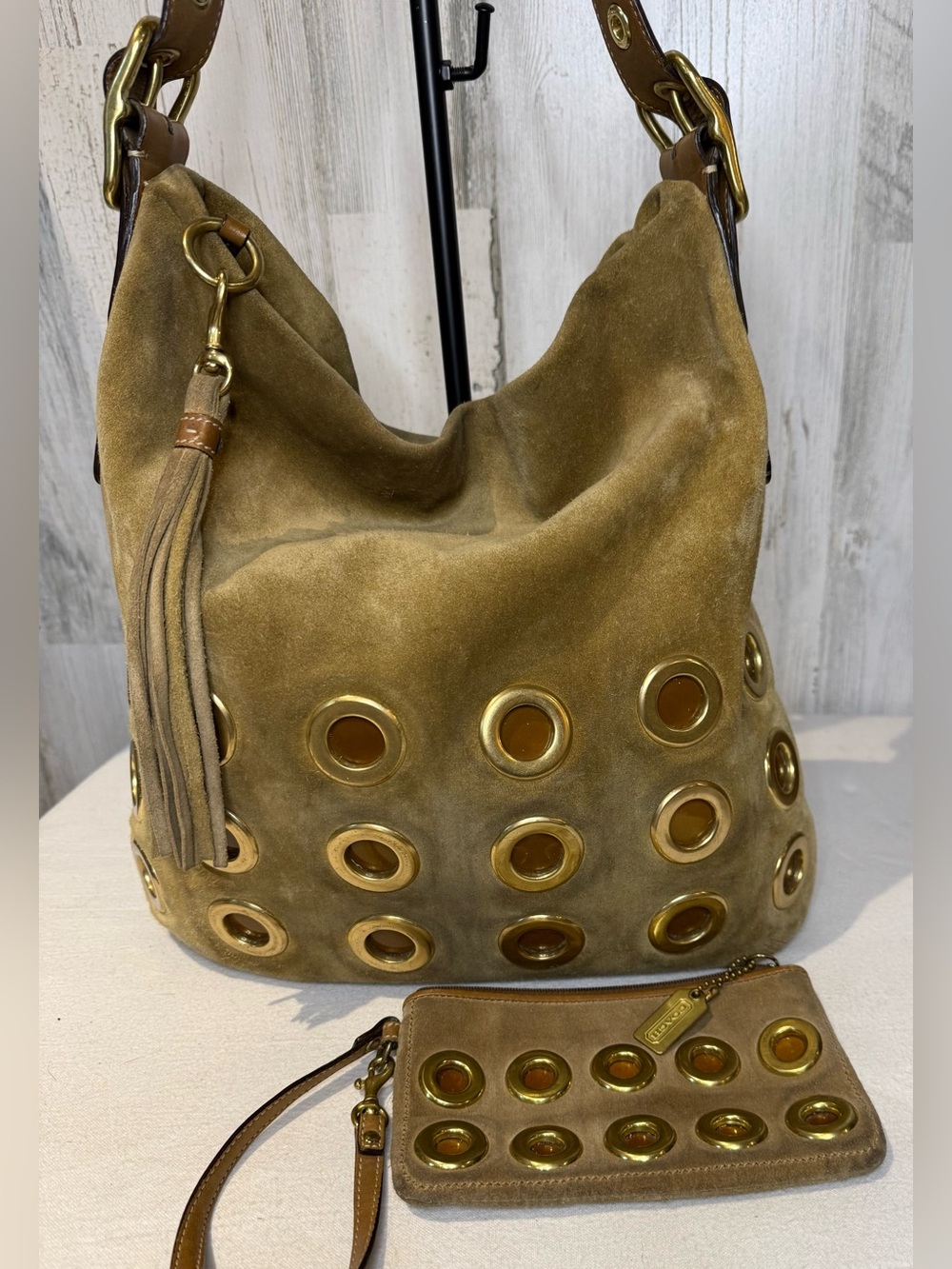 Coach Olive Suede Grommet Hobo with Tassel